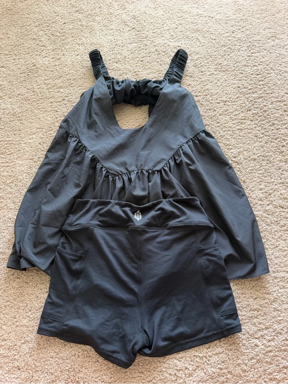 Free People Black Ruffled Tank Bodysuit with Gathered Straps